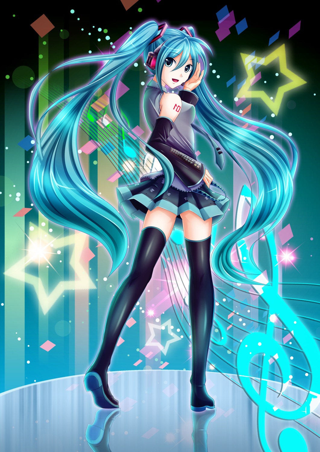 hatsune_miku headphones takatsuki_p tattoo thighhighs vocaloid