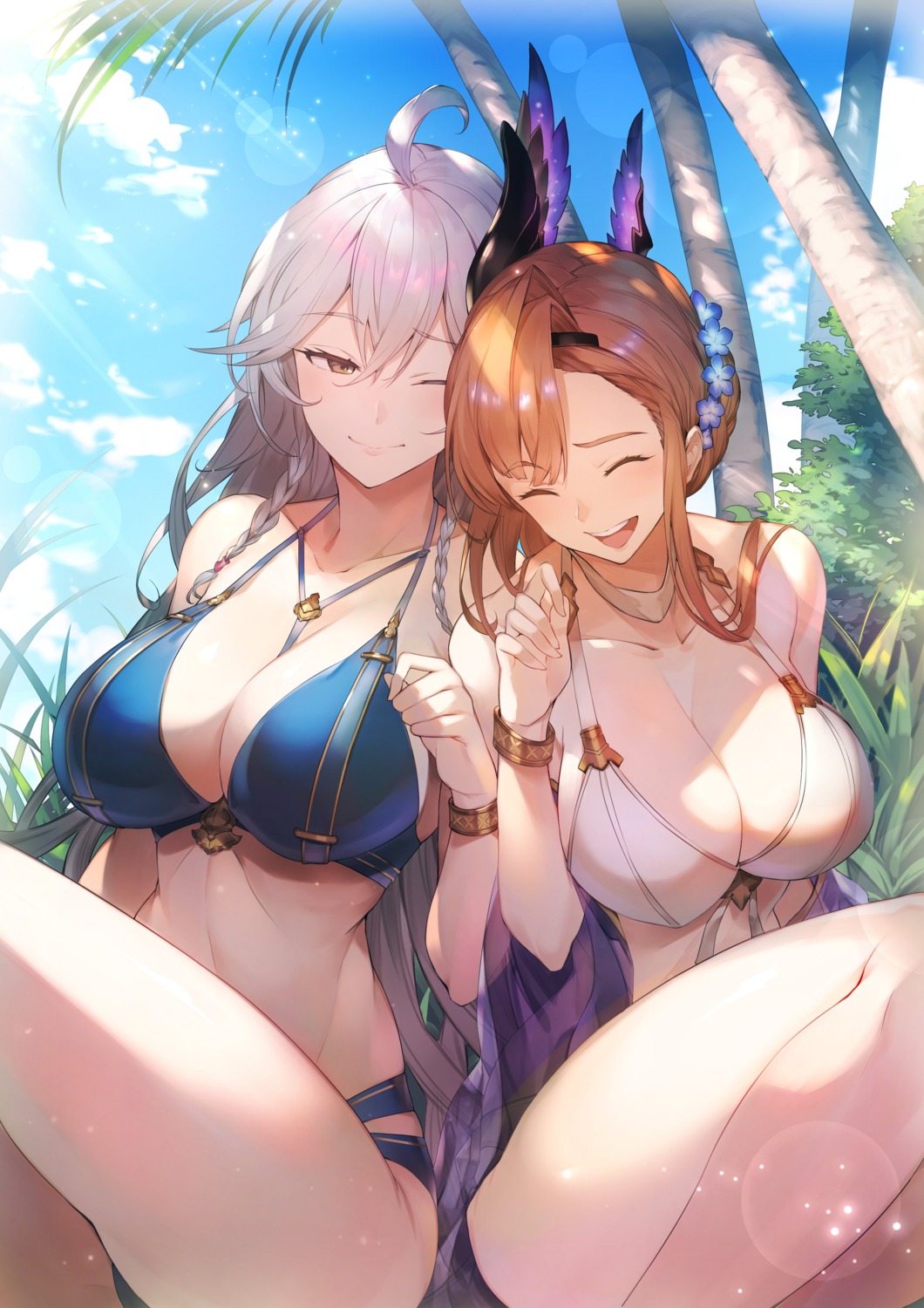 bikini cleavage granblue_fantasy kakage open_shirt see_through silva_(granblue_fantasy) song_(granblue_fantasy) swimsuits yuri