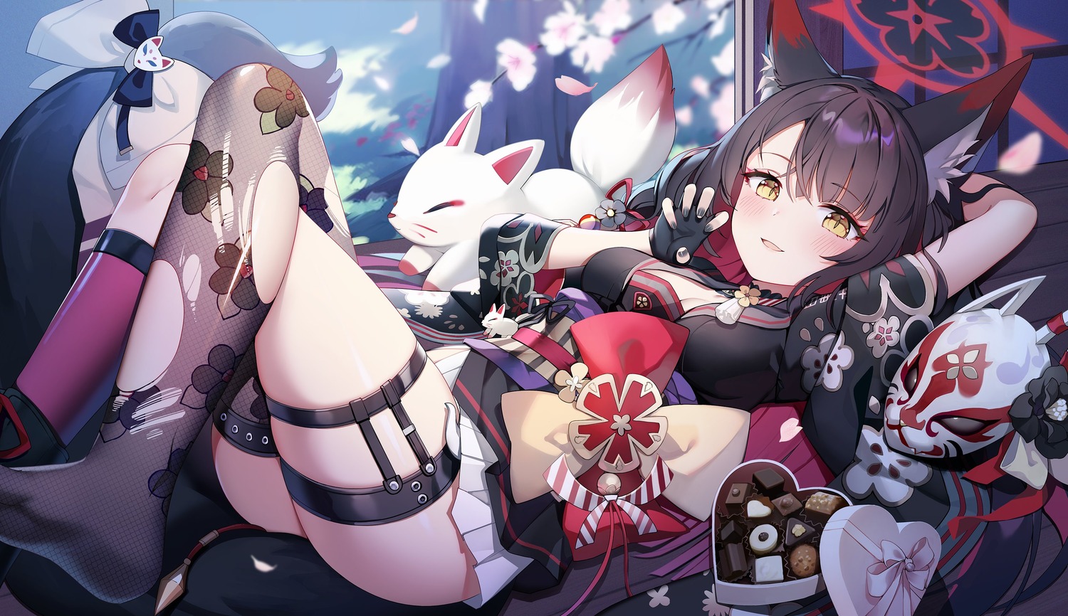 animal_ears blue_archive fishnets garter halo japanese_clothes jehyun kitsune kosaka_wakamo skirt_lift tail thighhighs torn_clothes