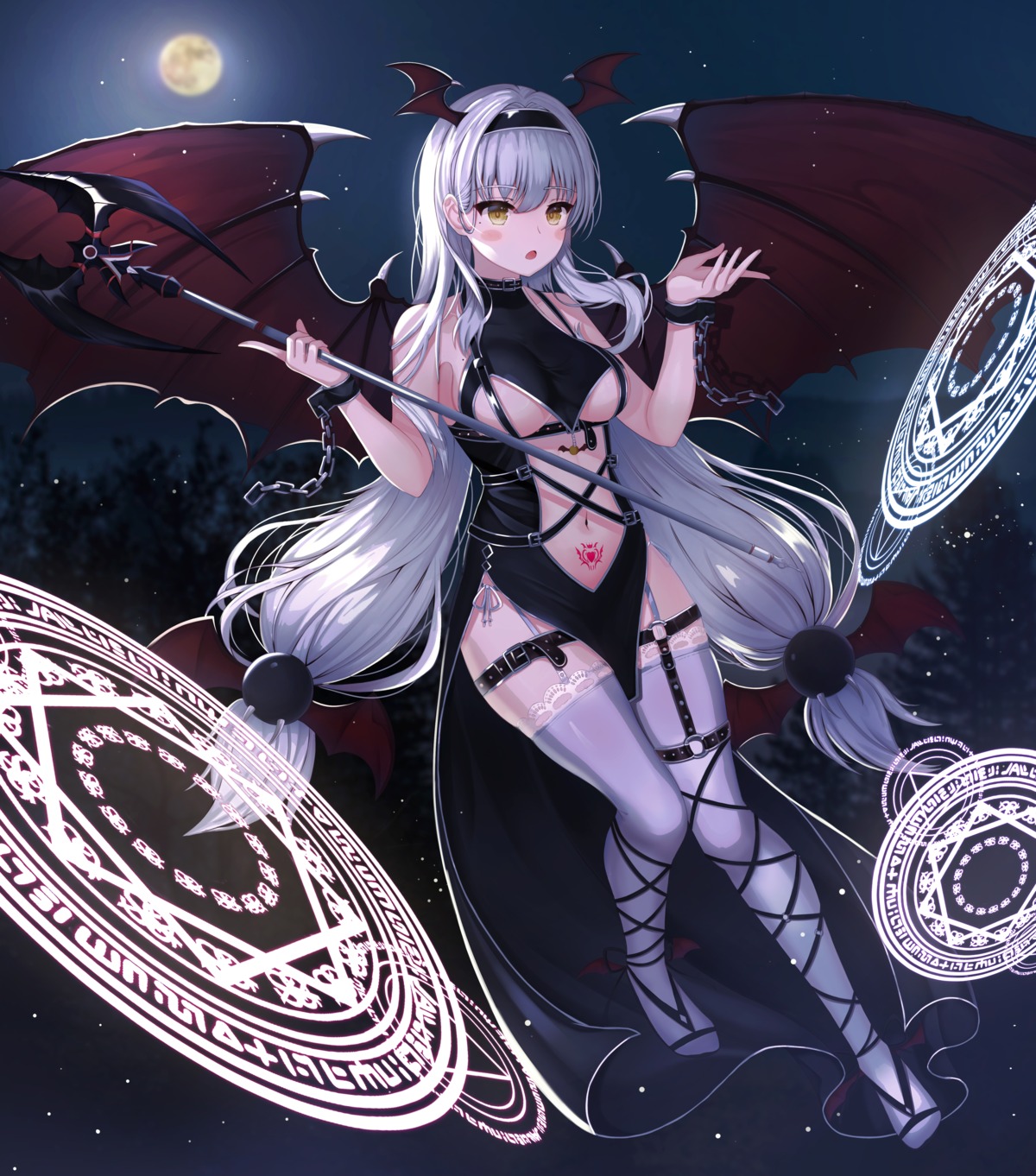 $hu animal_ears devil garter no_bra stockings tattoo thighhighs weapon wings