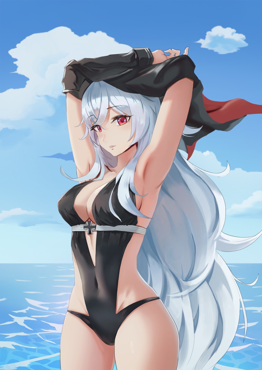 azur_lane cleavage gan-viking graf_zeppelin_(azur_lane) shirt_lift swimsuits