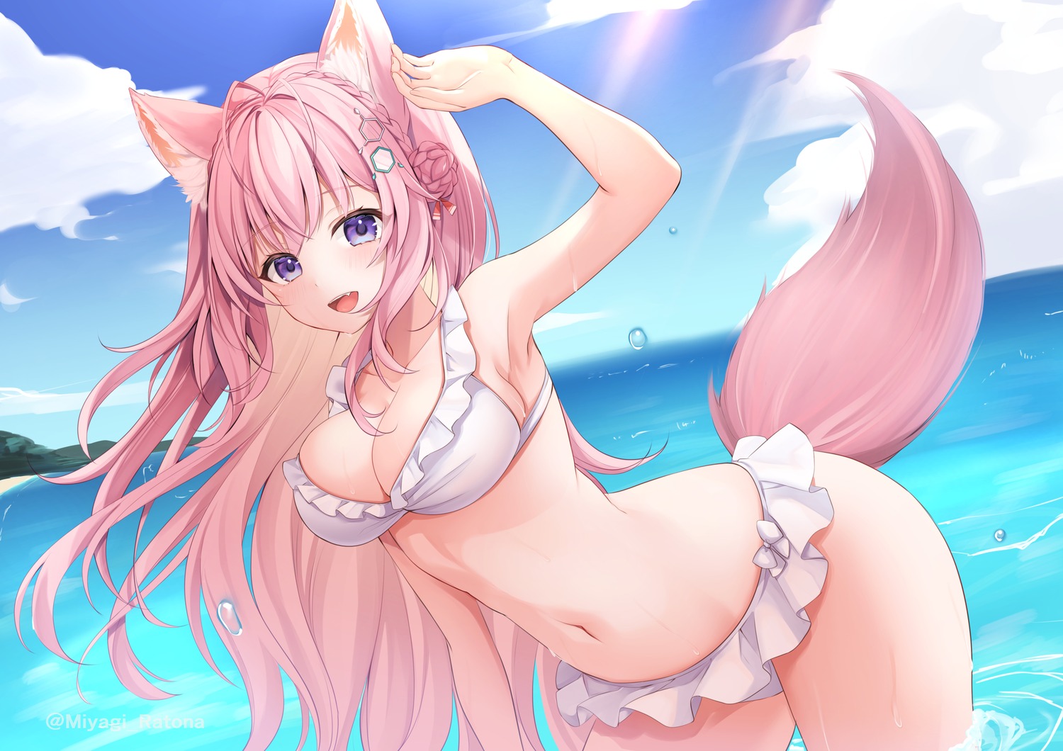 animal_ears bikini hakui_koyori hololive miyagi_ratona swimsuits tail wet