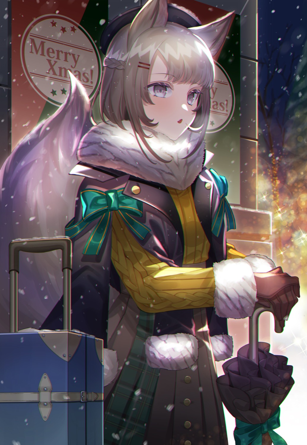 amahara_subaru animal_ears christmas sweater tail umbrella