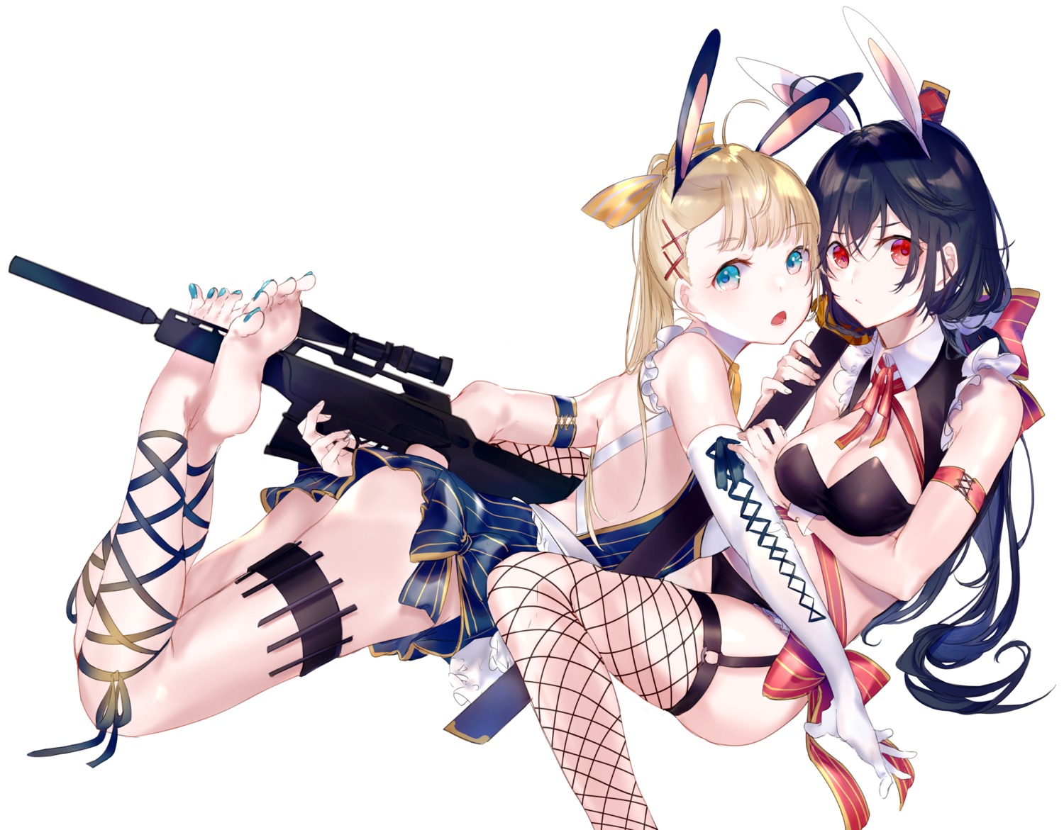 animal_ears bunny_ears cleavage feet fishnets gun miwano_ragu stockings thighhighs