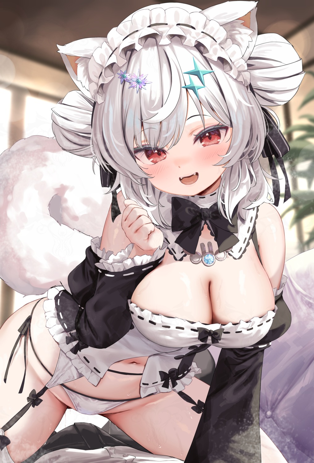 animal_ears garter_belt maid no_bra nyahu_(nyahu_77) pantsu stockings string_panties tail thighhighs thong wet