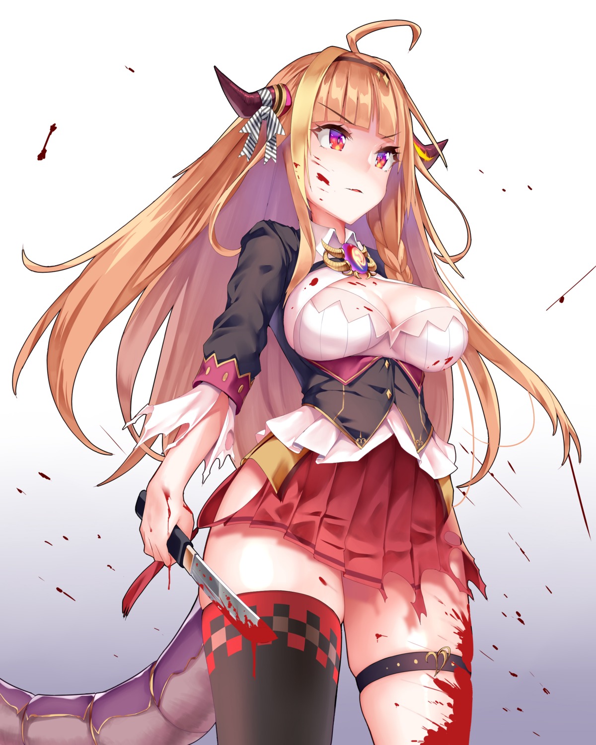 blood garter hololive horns kiryuu_coco mogmog tail thighhighs torn_clothes weapon