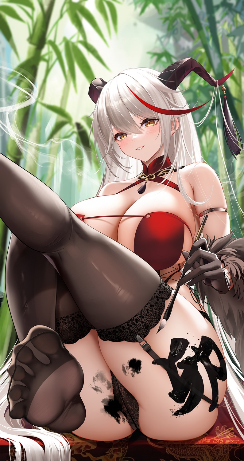 aegir_(azur_lane) azur_lane feet horns liu_liaoliao no_bra pantsu stockings thighhighs thong