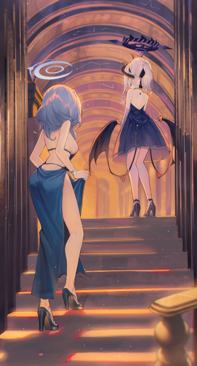 amau_ako ass blue_archive devil dress halo heels horns kerno no_bra see_through skirt_lift sorasaki_hina wings