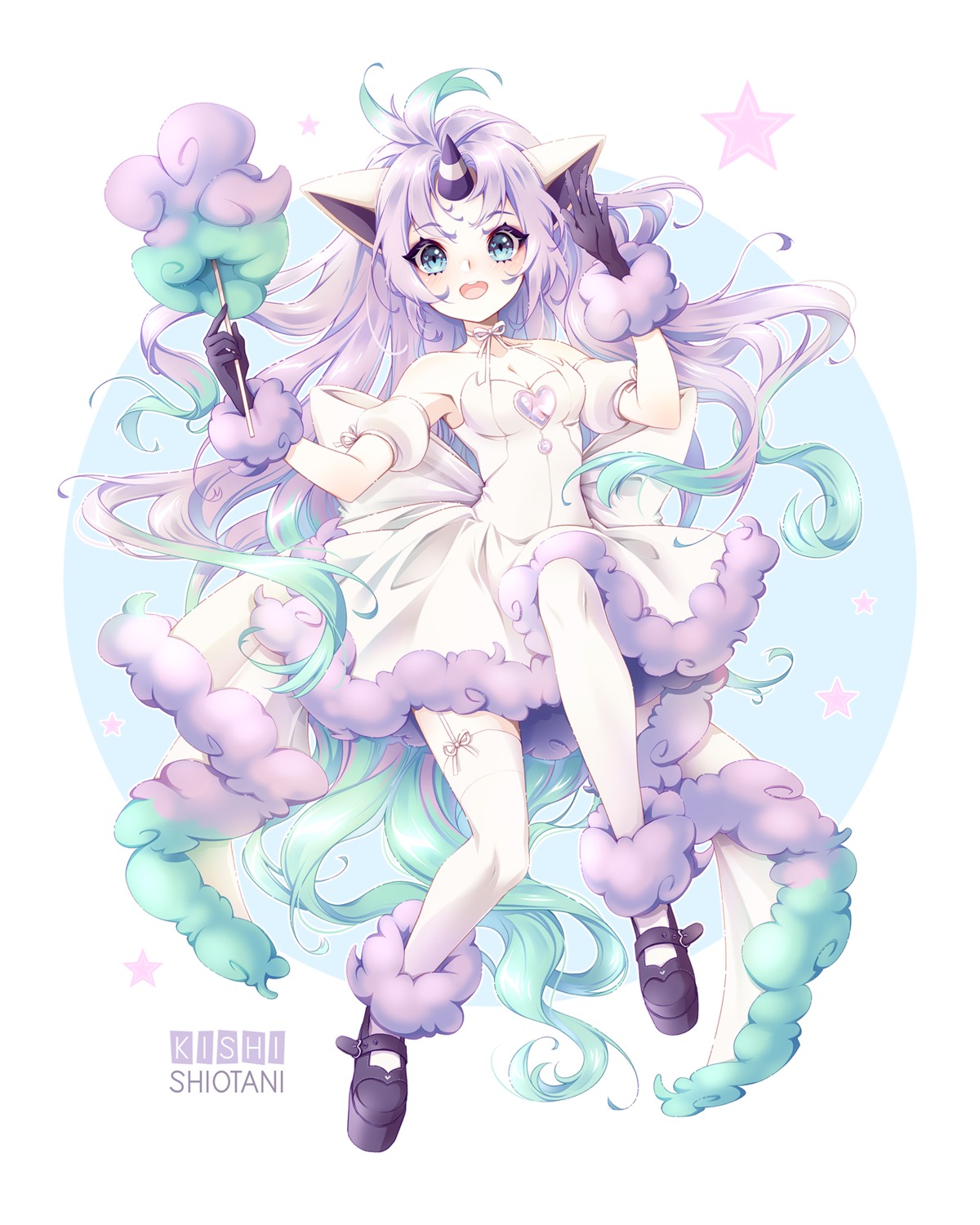 animal_ears anthropomorphization cleavage dress galarian_ponyta horns kishishiotani pokemon pokemon_swsh skirt_lift stockings thighhighs