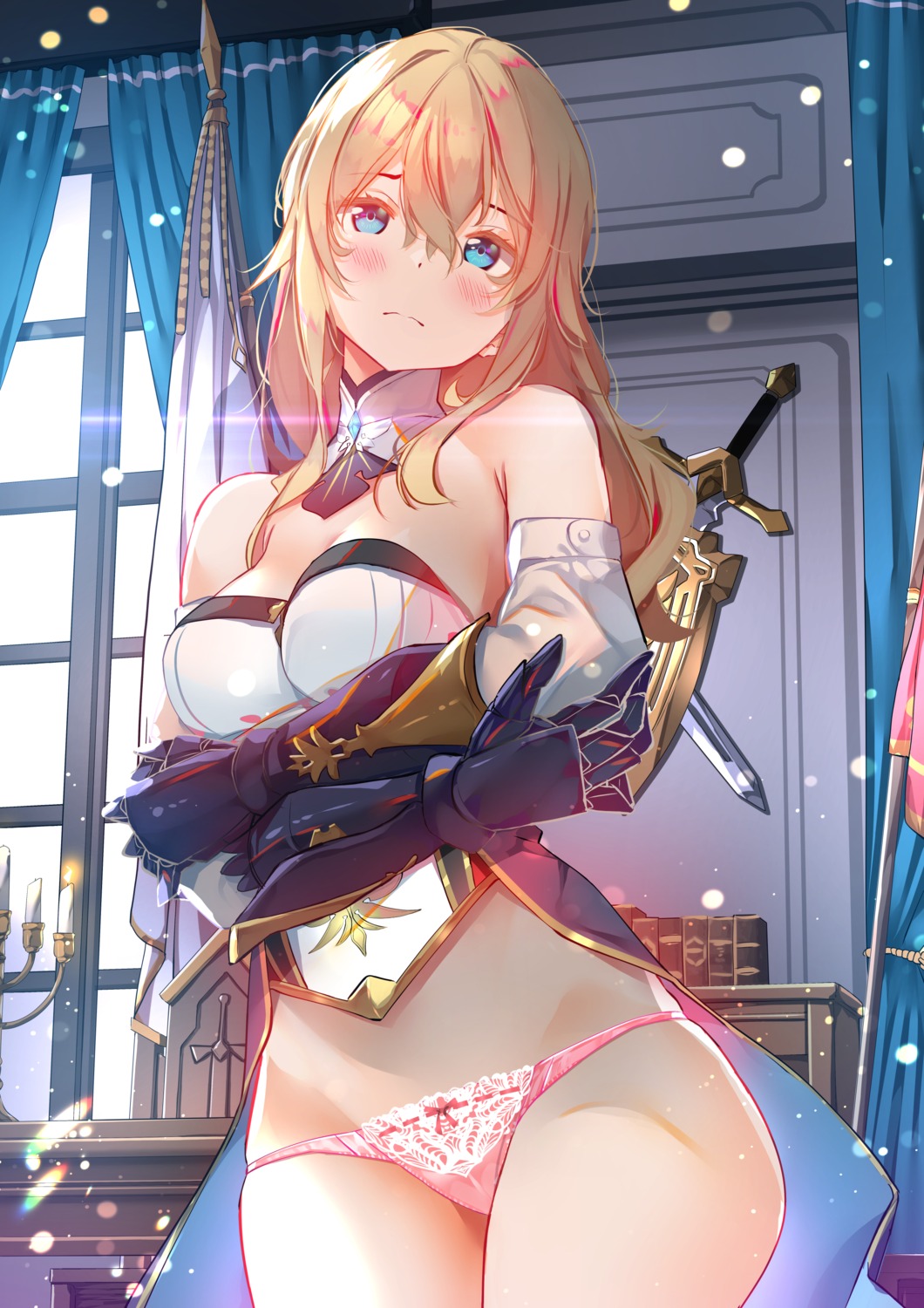 armor breast_hold genshin_impact jean_(genshin_impact) no_bra pantsu sword sydus