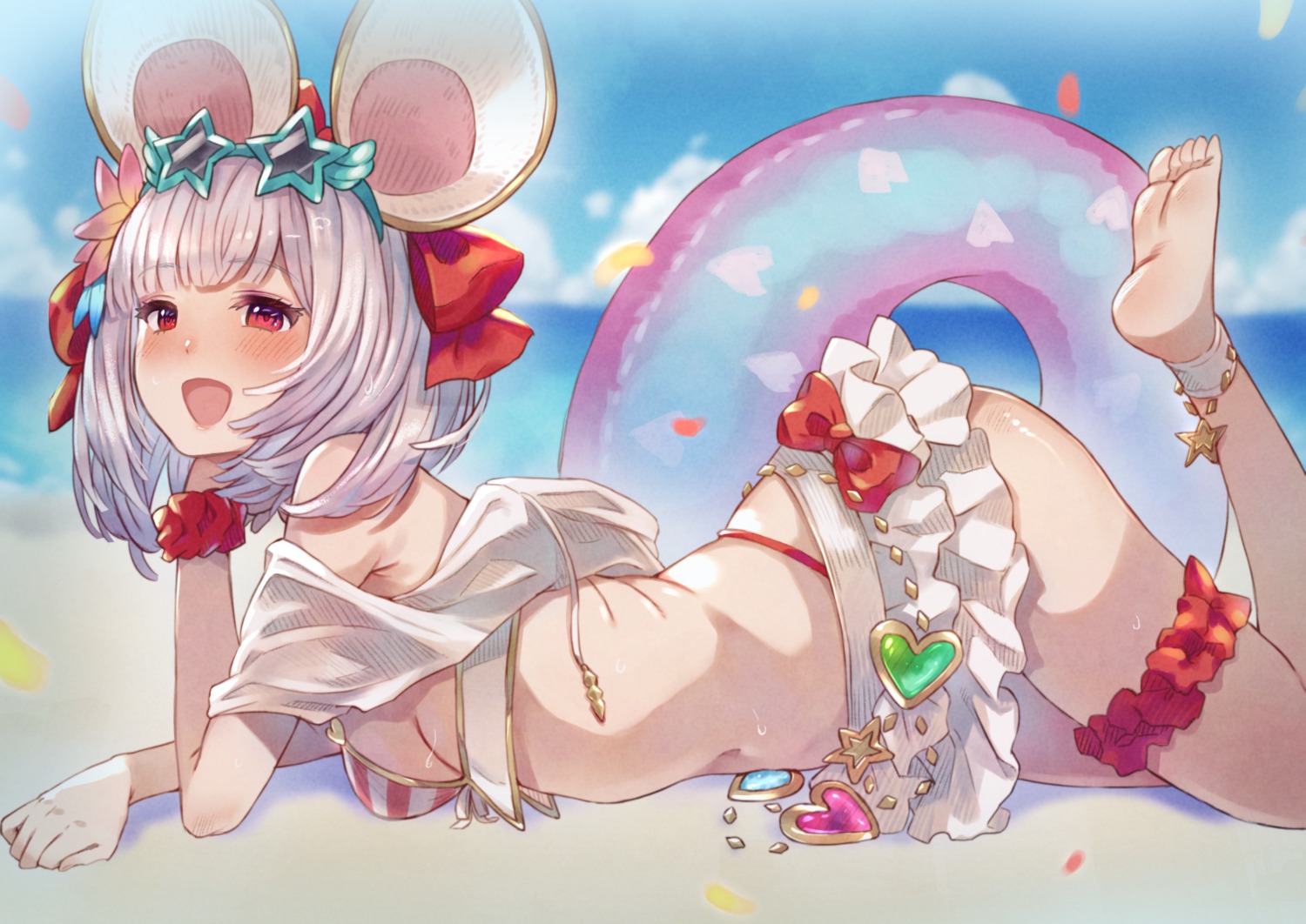 animal_ears bikini eichan_(eichanidfi) feet garter granblue_fantasy open_shirt swimsuits vikala_(granblue_fantasy)