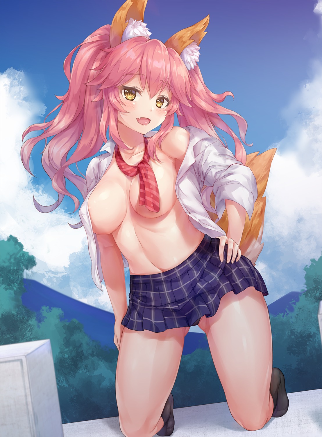 animal_ears breasts chaou fate/grand_order kitsune no_bra open_shirt pantsu seifuku tail tamamo_no_mae