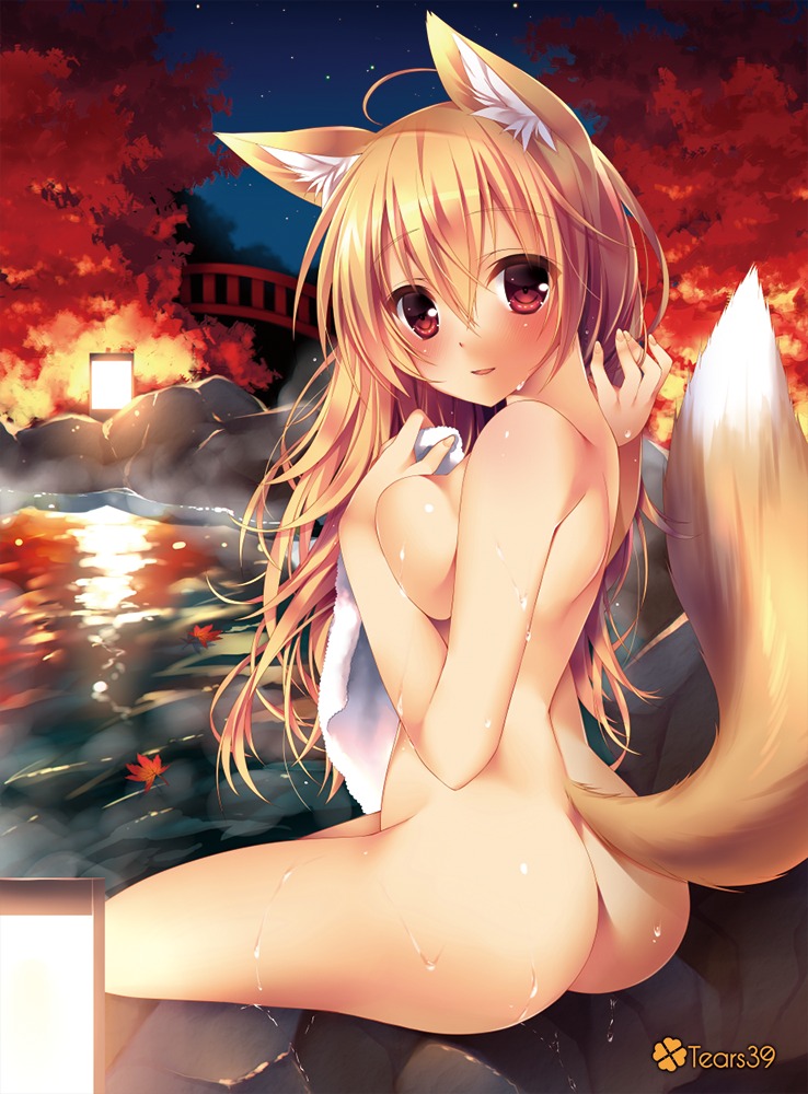 animal_ears ass breast_hold kitsune naked onsen sorai_shinya tail towel wet