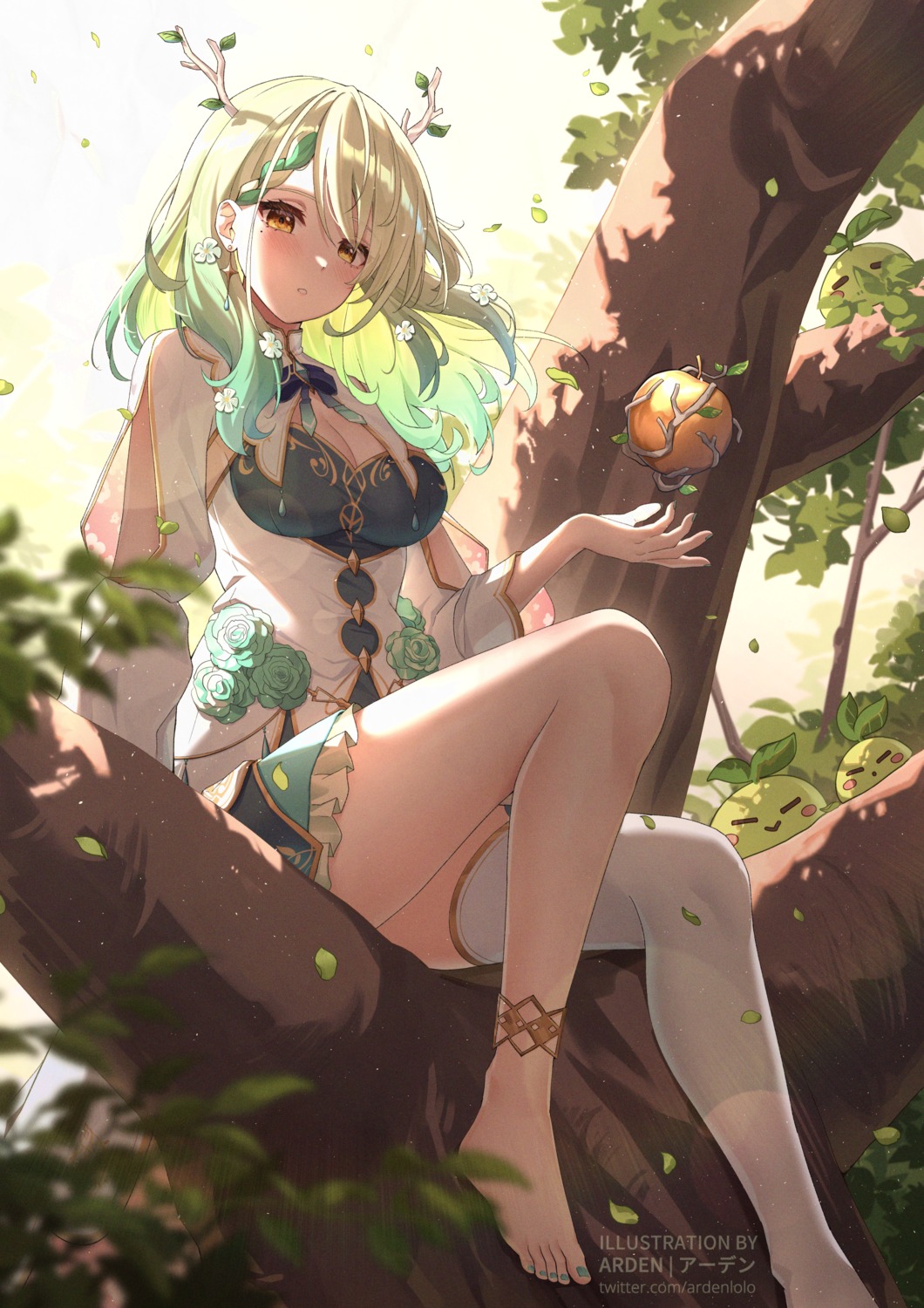 ardenlolo ceres_fauna hololive hololive_english horns thighhighs