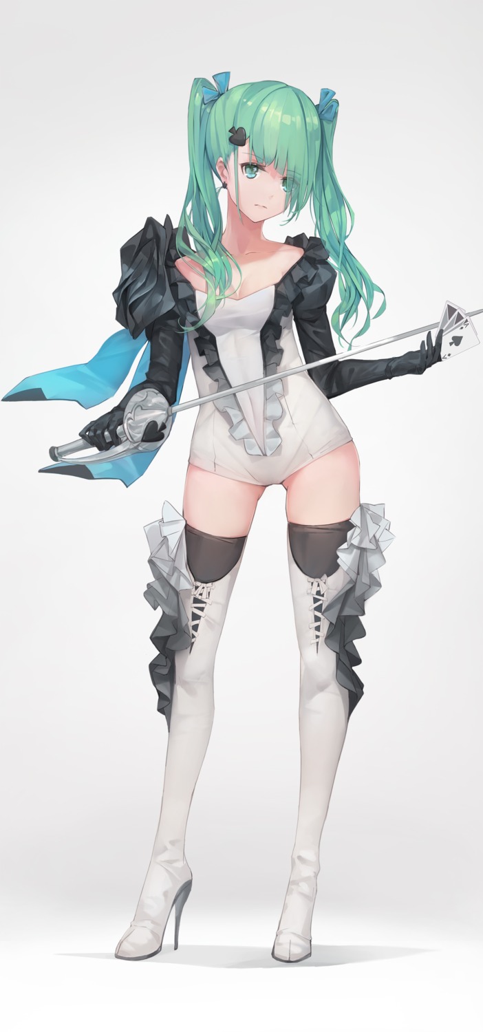 hatsune_miku heels no_bra r/h sword thighhighs vocaloid