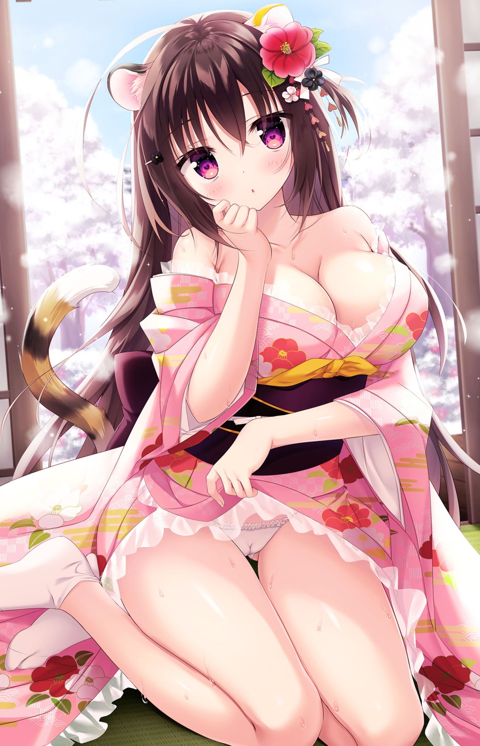 animal_ears cameltoe kimono no_bra open_shirt pantsu see_through shiromochi_sakura skirt_lift tail wet