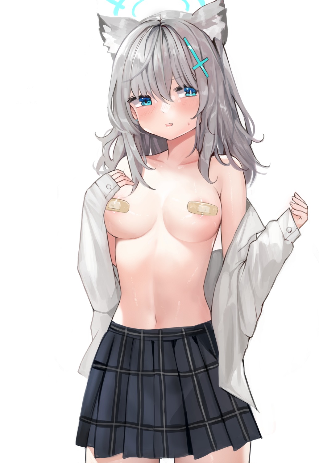 animal_ears areola bandaid blue_archive breasts halo nekomimi no_bra open_shirt pasties seifuku soradally sunaookami_shiroko