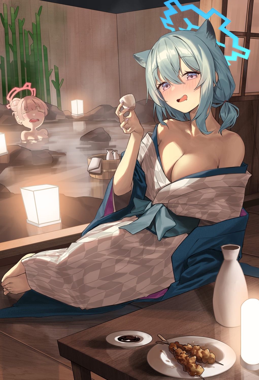 amami_nodoka animal_ears bathing blue_archive halo mansu_(user_pnmp4287) mayoi_shigure no_bra onsen open_shirt sake wet yukata