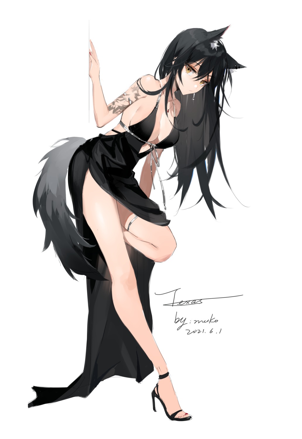 animal_ears arknights dress garter heels meng_ziya no_bra skirt_lift tail tattoo texas_(arknights)