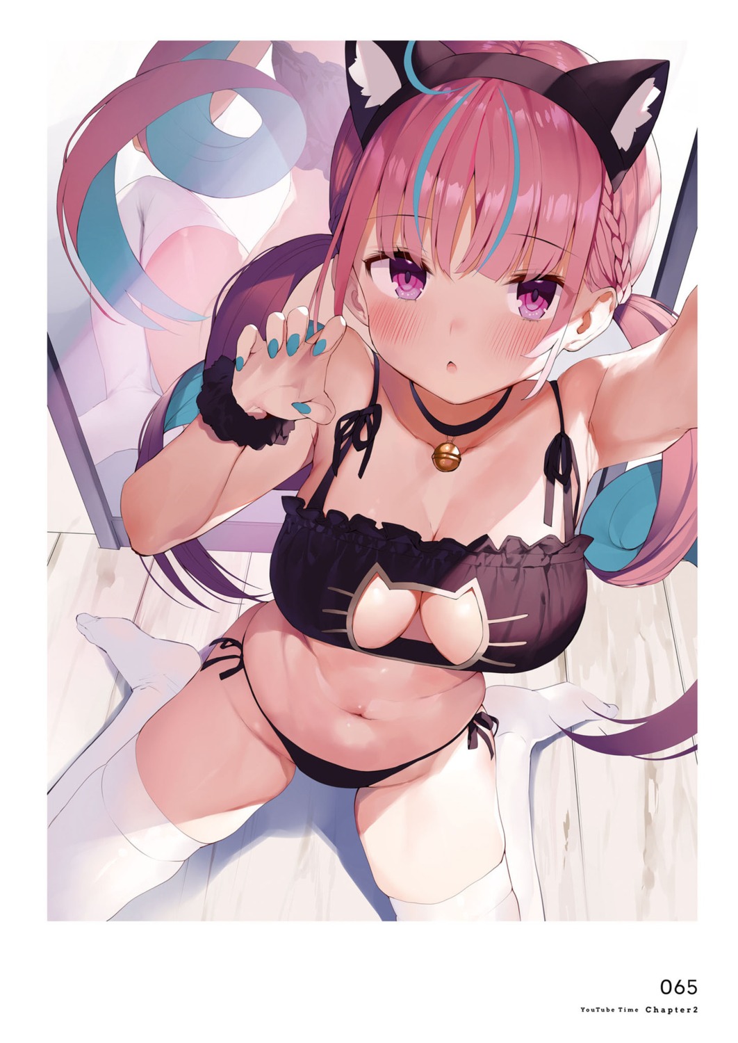 animal_ears bra gaou_(matsulatte) hololive minato_aqua nekomimi pantsu selfie string_panties thighhighs