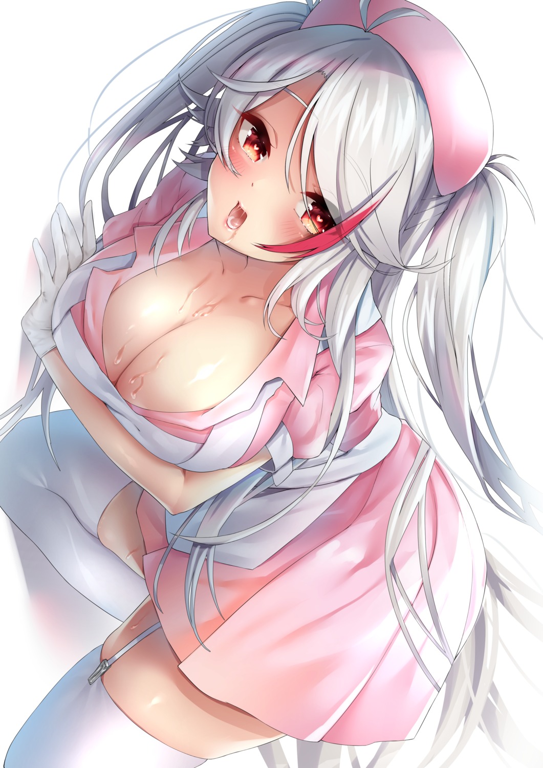 azur_lane breast_hold no_bra nurse open_shirt prinz_eugen_(azur_lane) stockings thighhighs touwa_iyo