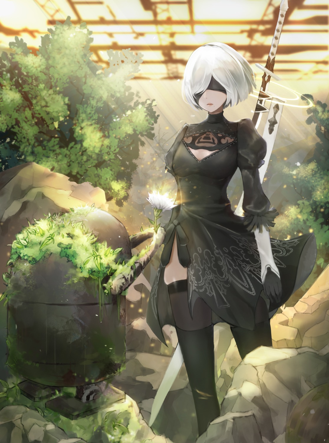 cleavage dress envydoi nier_automata sword thighhighs yorha_no.2_type_b