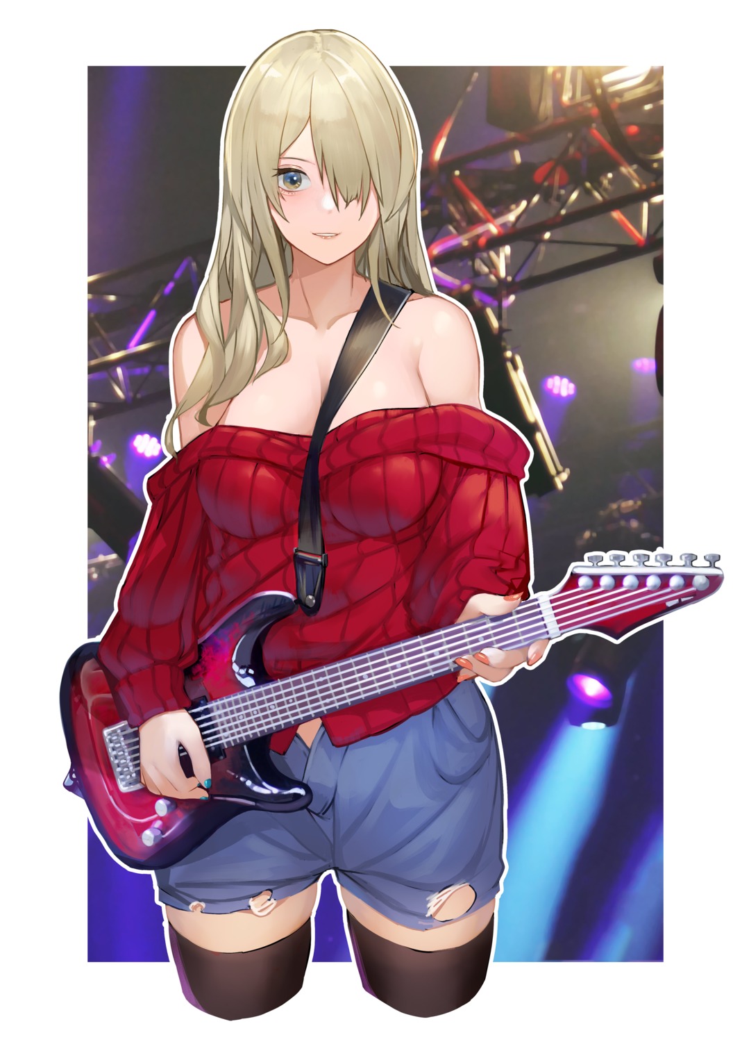 guitar pupps sweater thighhighs torn_clothes