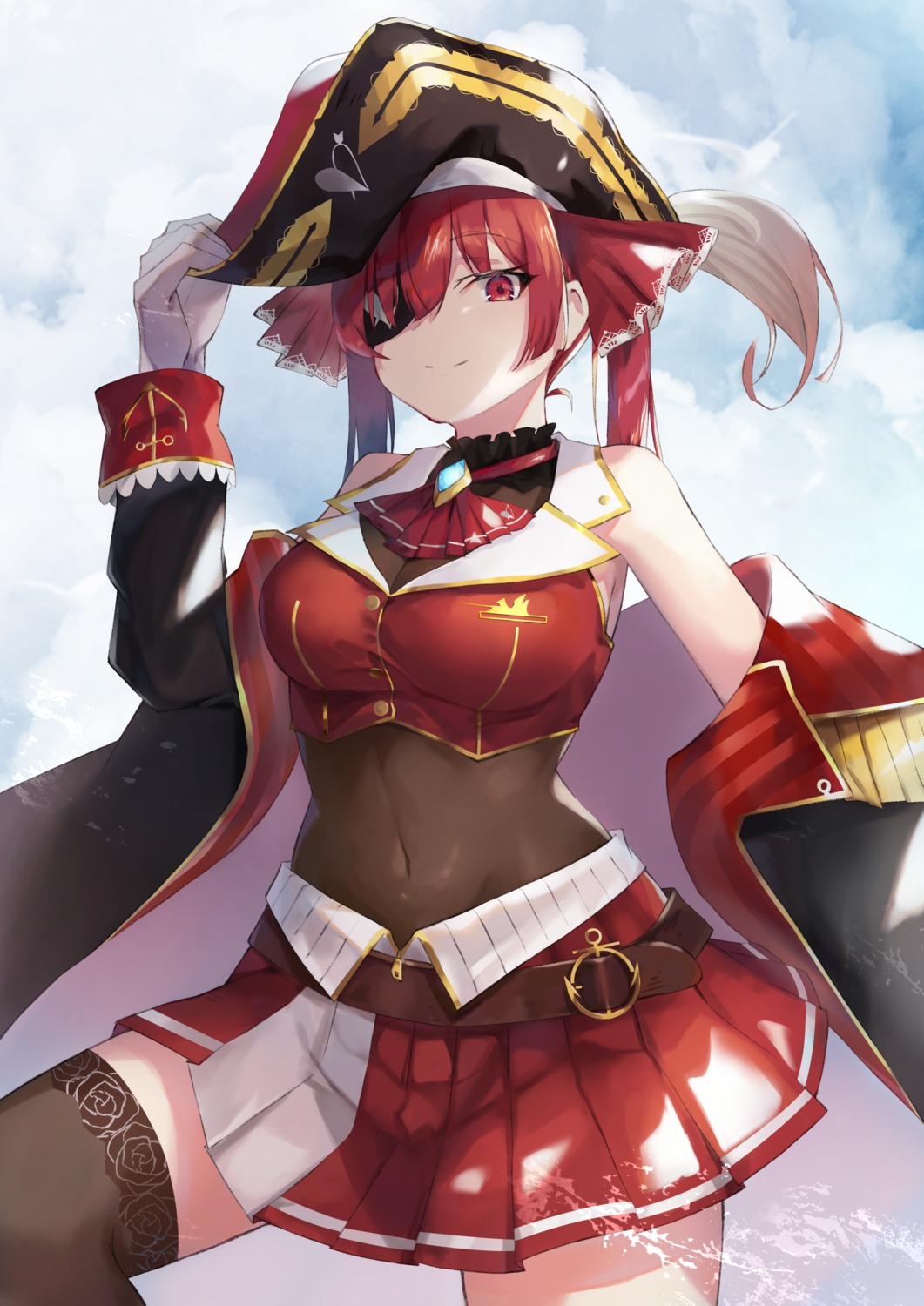 bodysuit eyepatch hololive houshou_marine pirate see_through skirt_lift taht_(that_is_mm) thighhighs