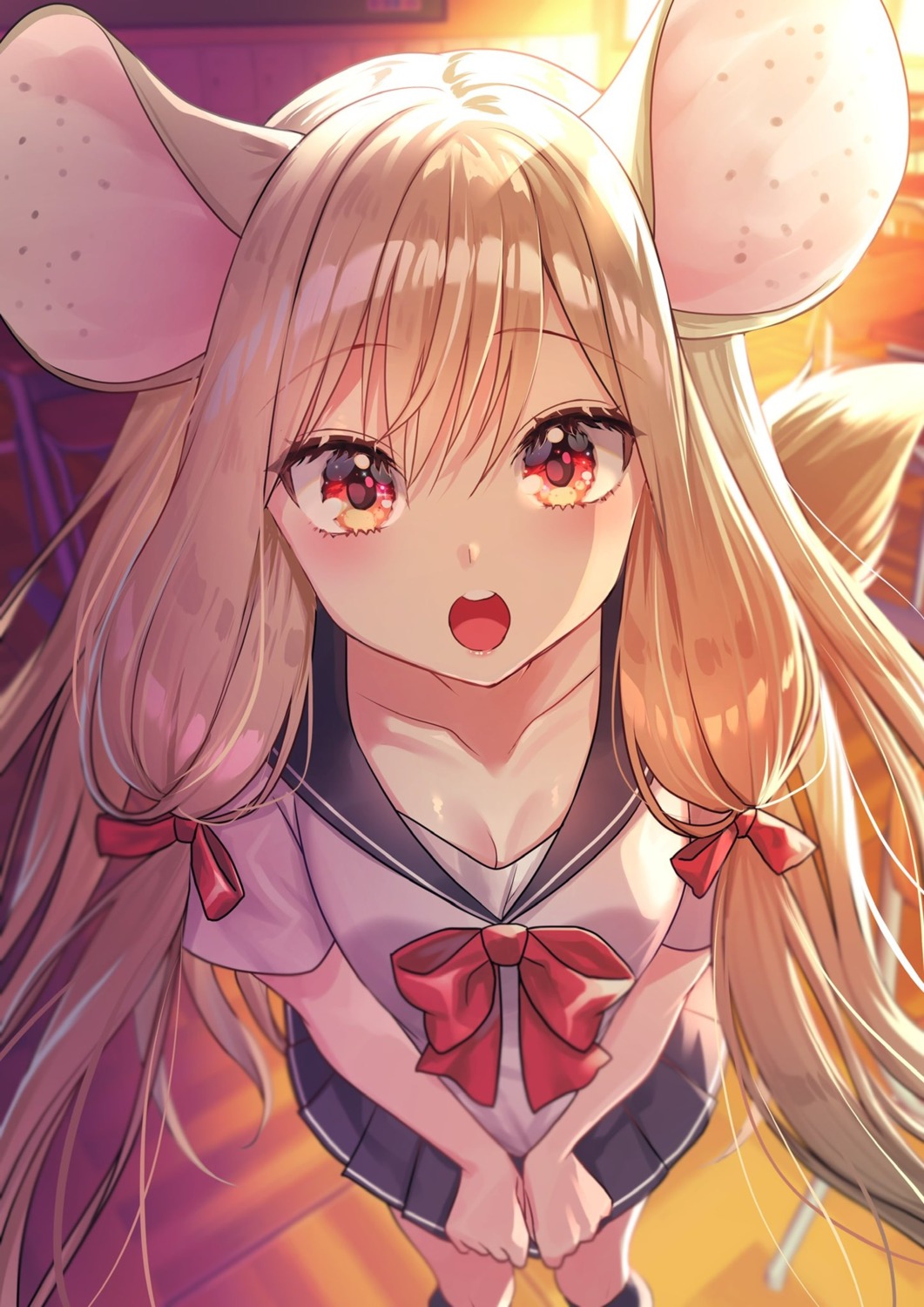 animal_ears cleavage hanasaki_mahiru seifuku tail