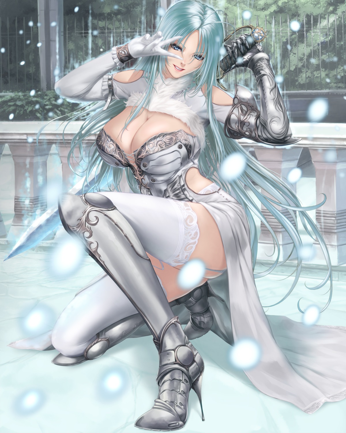 armor cleavage heels no_bra shisshou_senkoku stockings sword thighhighs