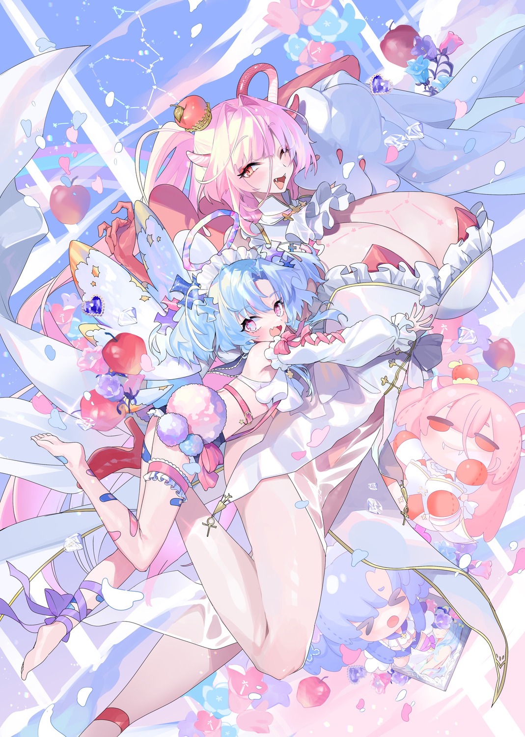 aano_(10bit) angel bandaid chibi garter heels heterochromia horns no_bra see_through tattoo wings