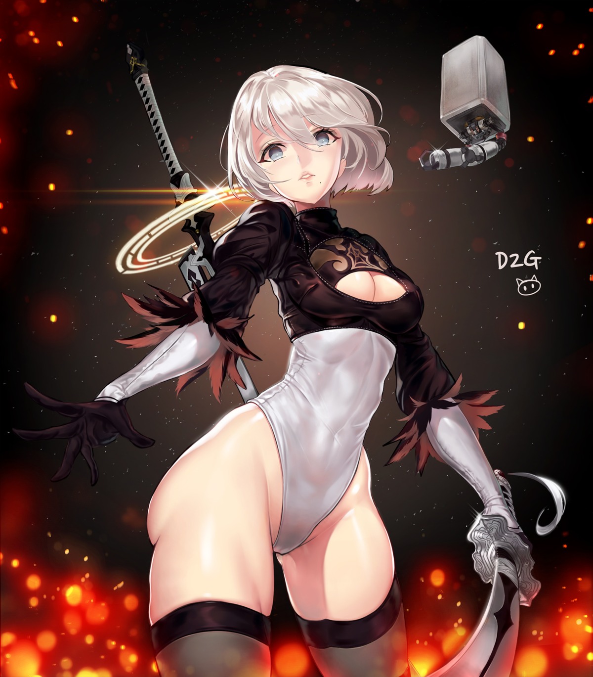 cameltoe cleavage dress leotard nier_automata pass35 sword thighhighs yorha_no.2_type_b