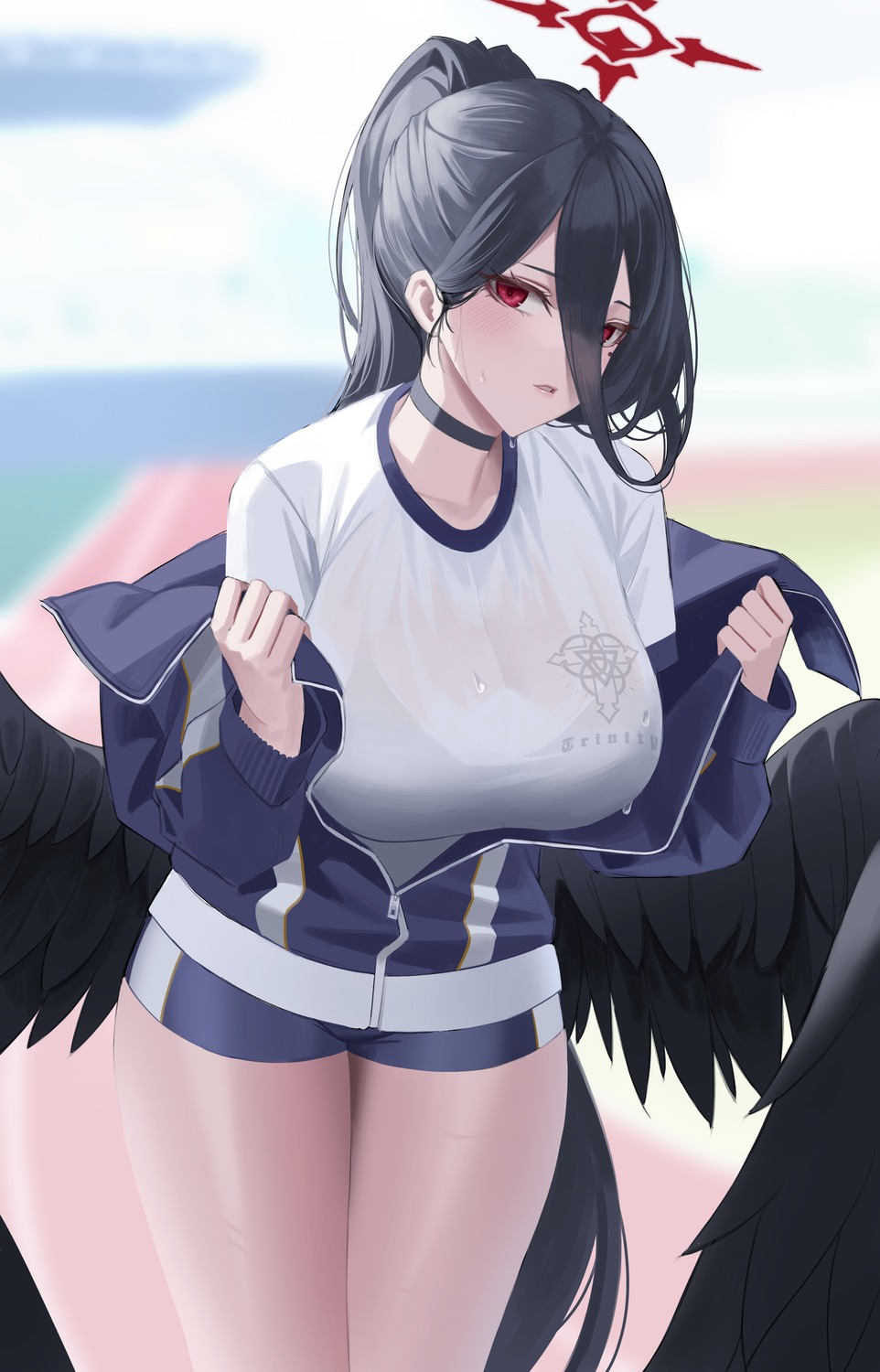 angel blue_archive bra gym_uniform hanekawa_hasumi re-leaf see_through undressing wet_clothes wings