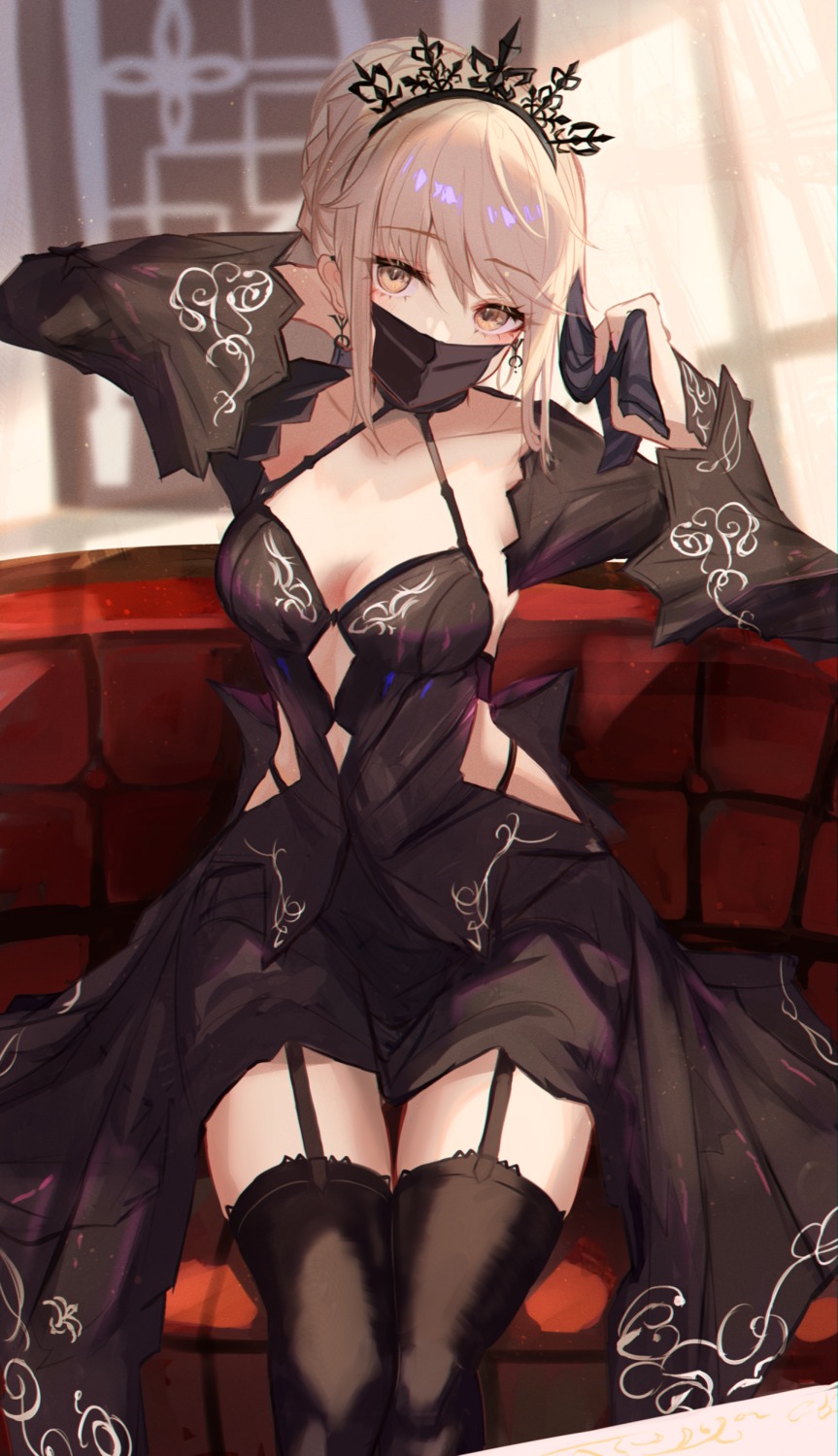 dress fate/grand_order no_bra panipo saber saber_alter stockings thighhighs