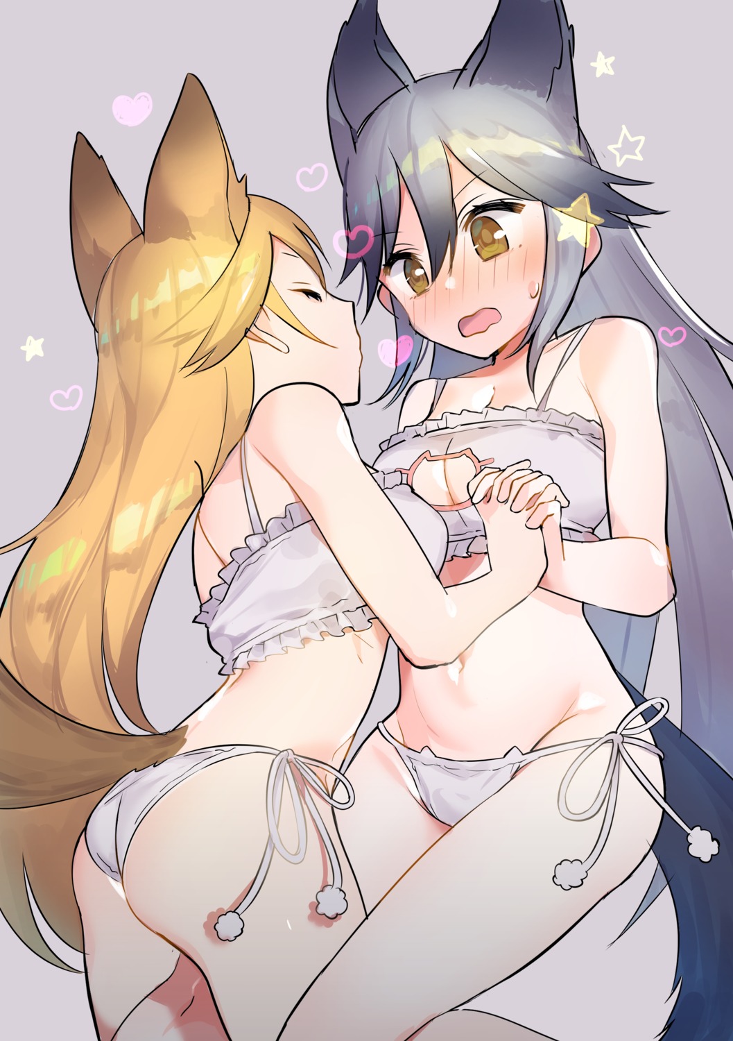 animal_ears ass bra cleavage ezo_red_fox kemono_friends omucchan_(omutyuan) pantsu silver_fox string_panties tail yuri