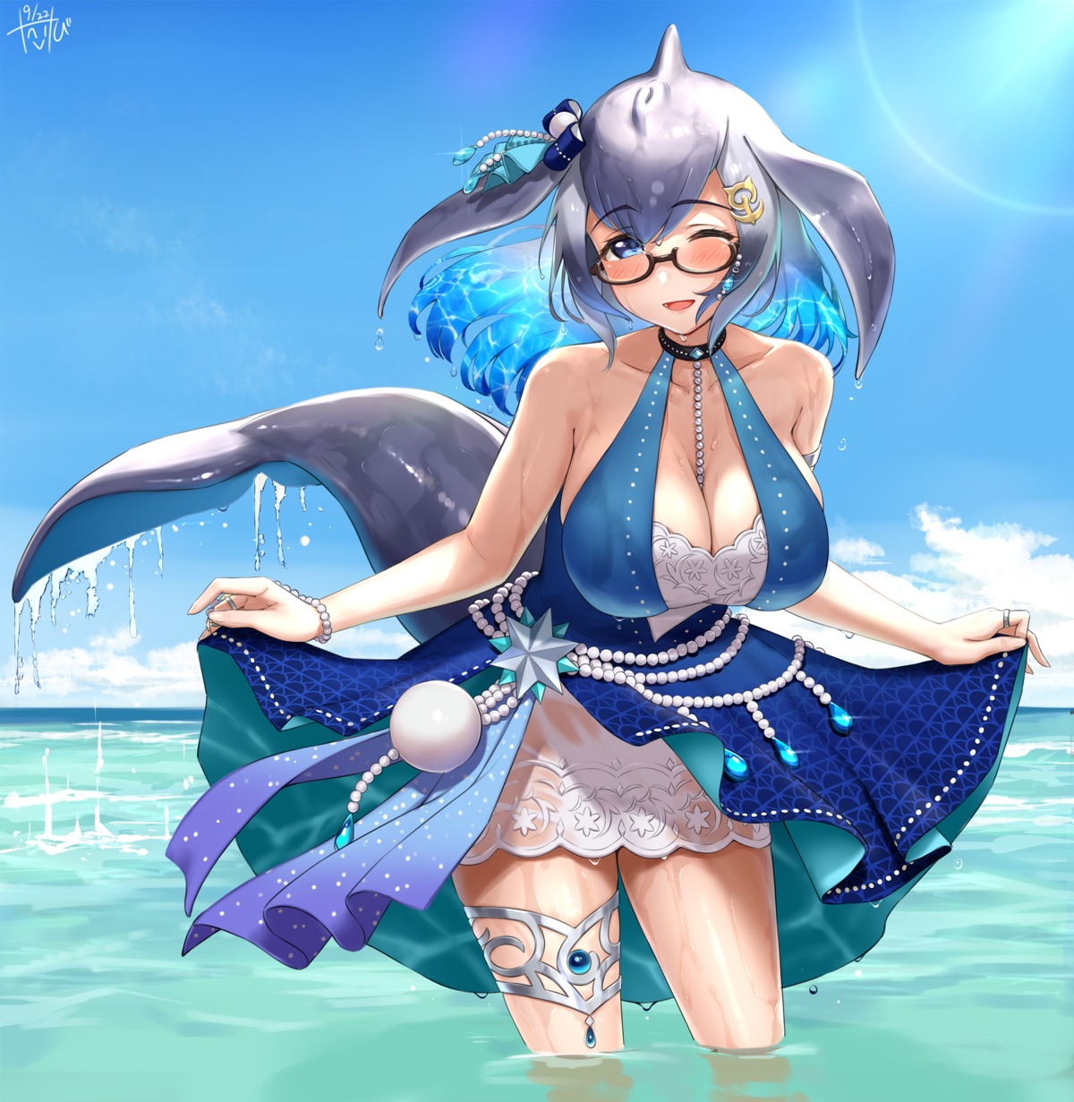 blue_whale dress garter kemono_friends megane no_bra see_through tail takebi wet wet_clothes