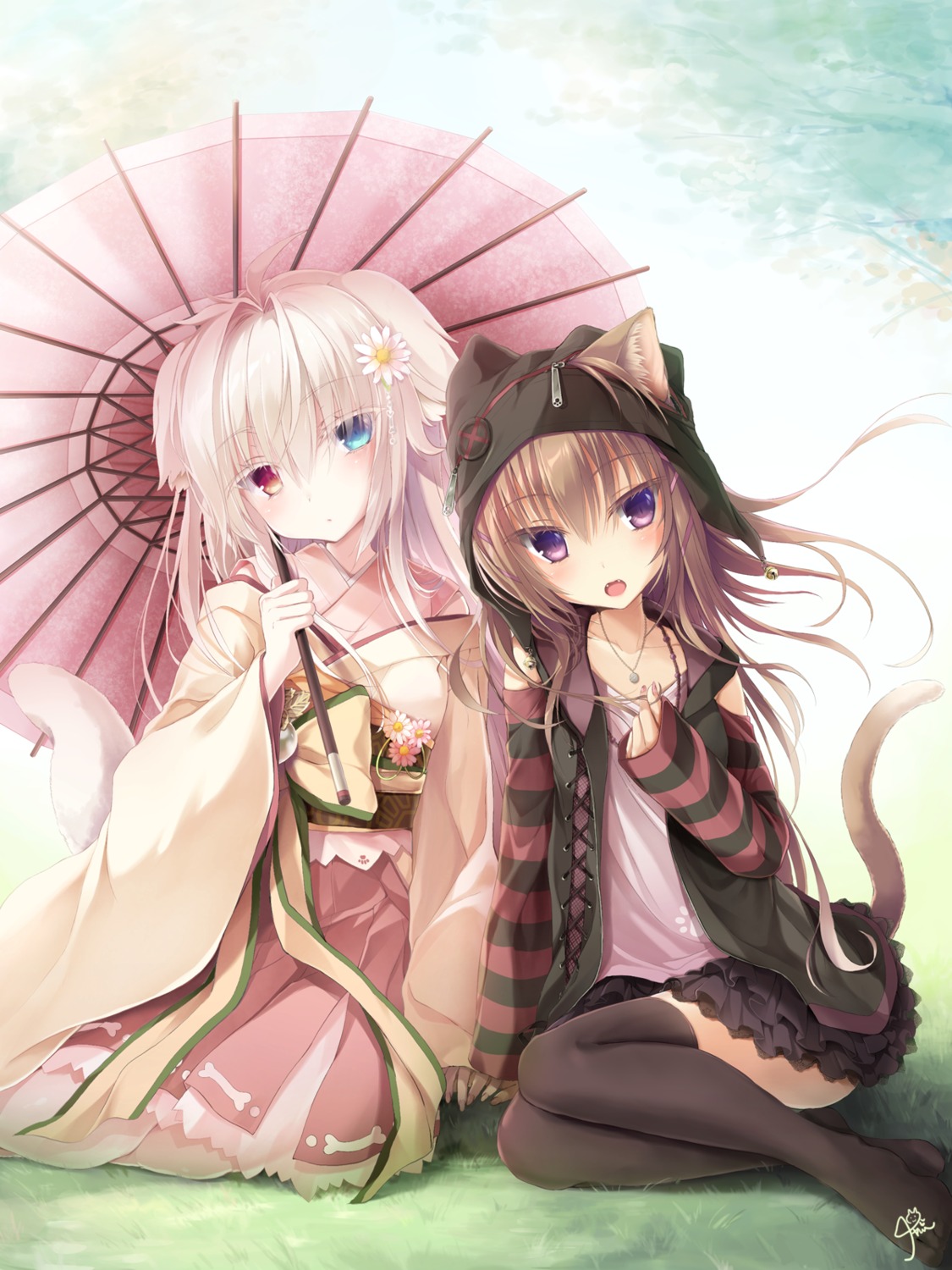 animal_ears chamio77 heterochromia inumimi japanese_clothes nekomimi tail thighhighs umbrella