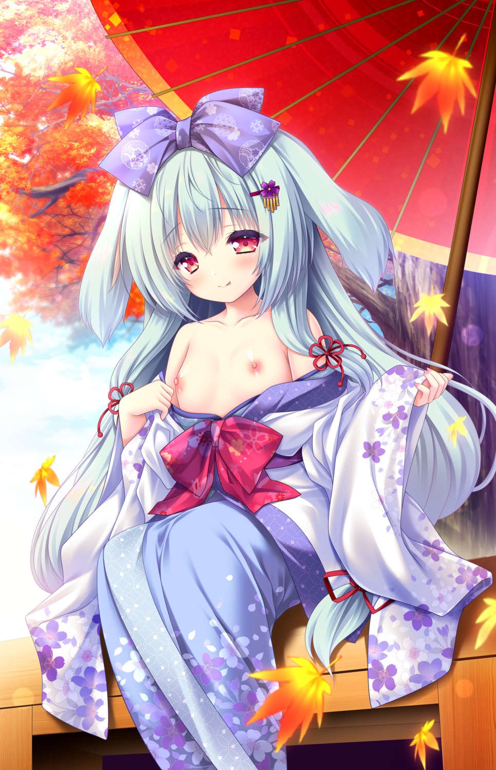 animal_ears breasts bunny_ears kimono lump_of_sugar moekibara_fumitake nipples no_bra open_shirt tarumi_konoha undressing yorite_konoha_wa_kurenai_ni