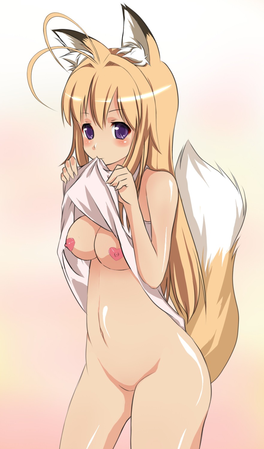 animal_ears aoinagi bottomless breasts kanokon minamoto_chizuru pasties shirt_lift tail