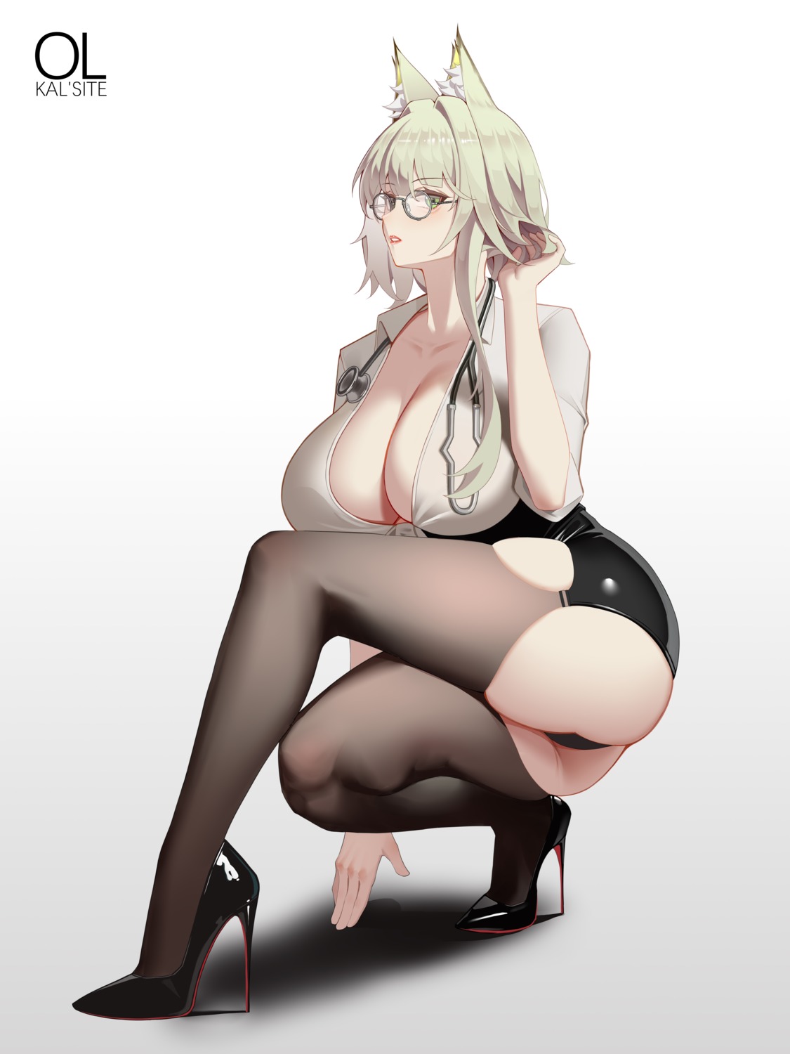 animal_ears arknights dress_shirt heels kal'tsit_(arknights) megane no_bra open_shirt stockings thighhighs yat_(tsmn7245)