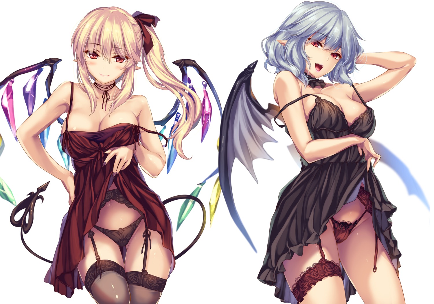 dress flandre_scarlet monety no_bra pantsu pointy_ears remilia_scarlet skirt_lift stockings tail thighhighs touhou wings