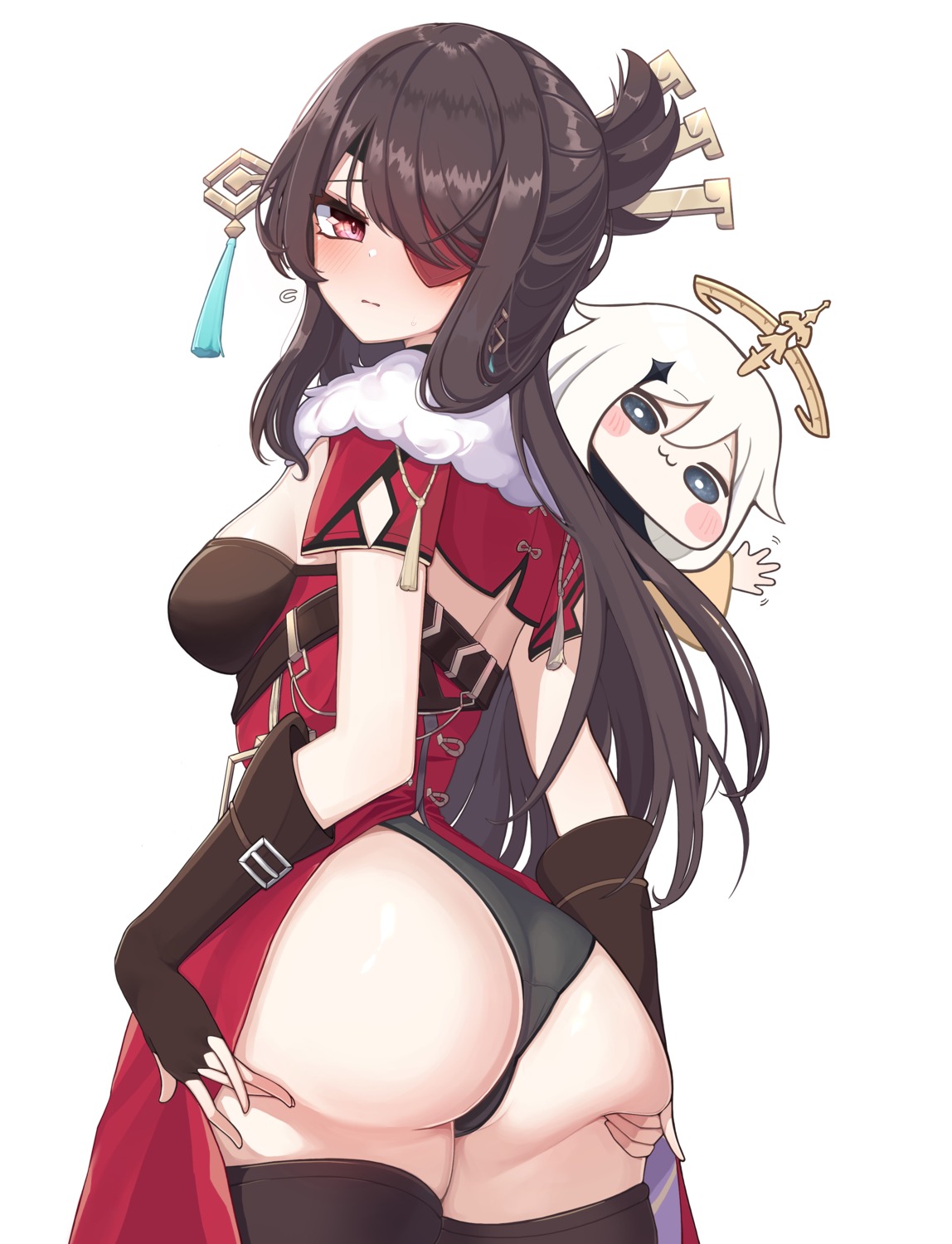 ass beidou cameltoe chibi eyepatch genshin_impact paimon pantsu pomp_(qhtjd0120) thighhighs thong