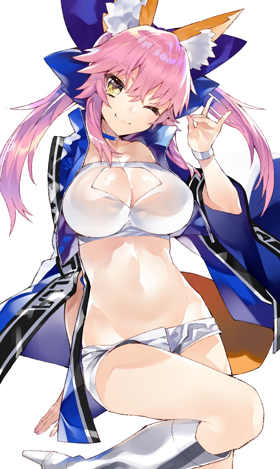 animal_ears bikini_top cleavage fate/extra fate/stay_night heels kou_mashiro open_shirt swimsuits tail tamamo_no_mae