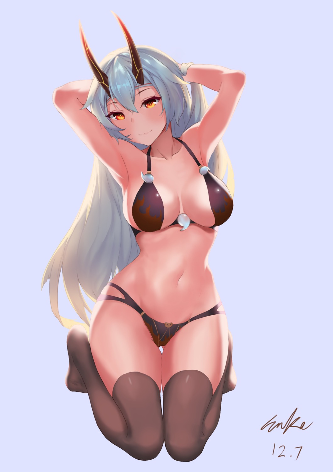 bikini fate/grand_order horns swimsuits tagme thighhighs tomoe_gozen_(fate/grand_order)