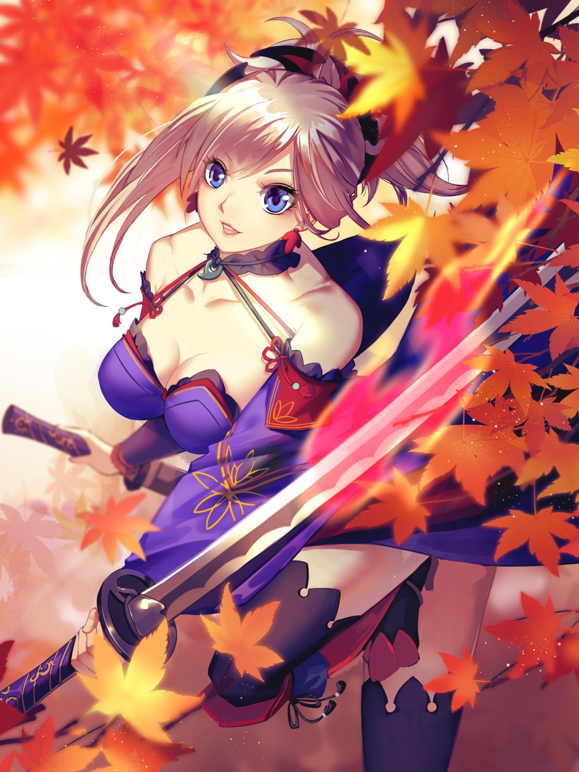 charlenechan925 cleavage fate/grand_order japanese_clothes miyamoto_musashi_(fate/grand_order) sword thighhighs