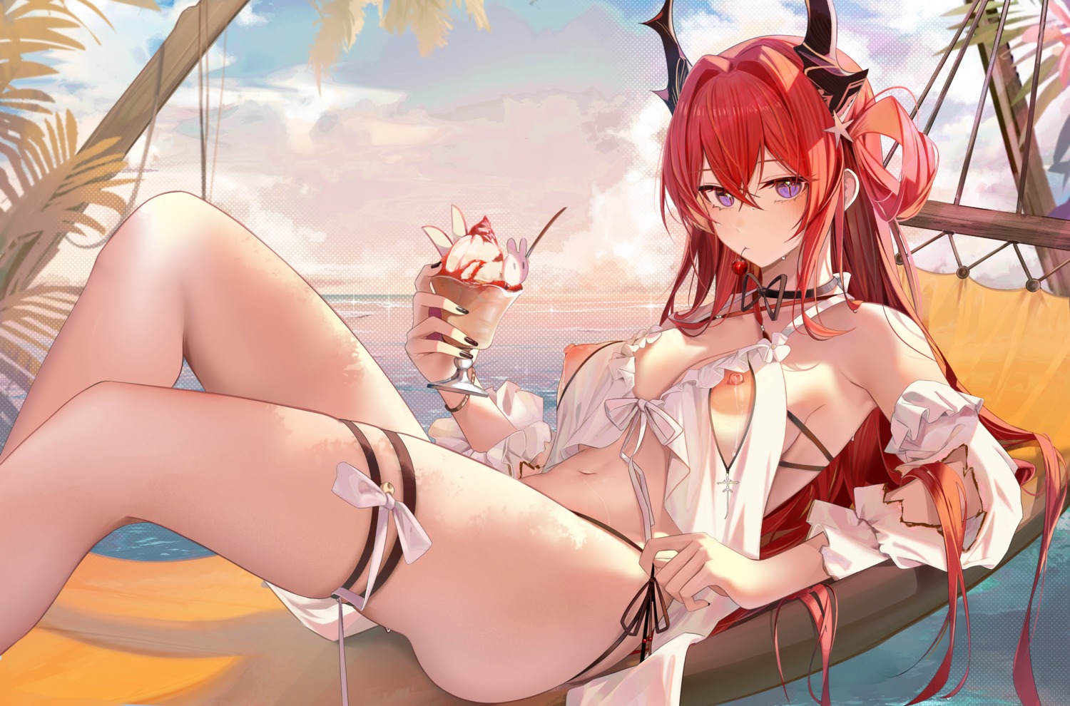 arknights garter horns lactation nipples ru_zhai surtr_(arknights) swimsuits