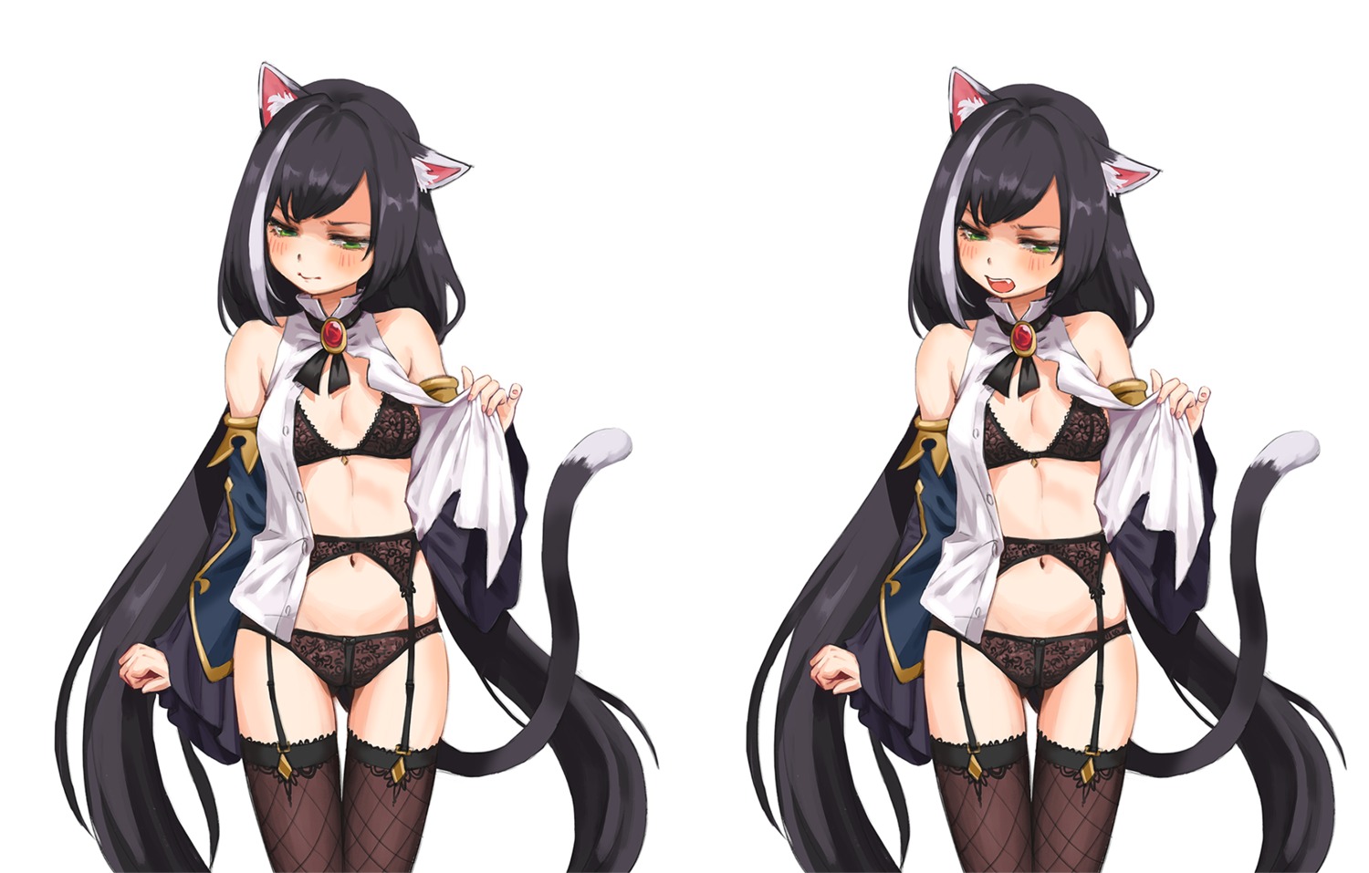 animal_ears bra fishnets garter_belt karyl_(princess_connect) kunikune nekomimi open_shirt pantsu princess_connect princess_connect!_re:dive see_through stockings tail thighhighs undressing