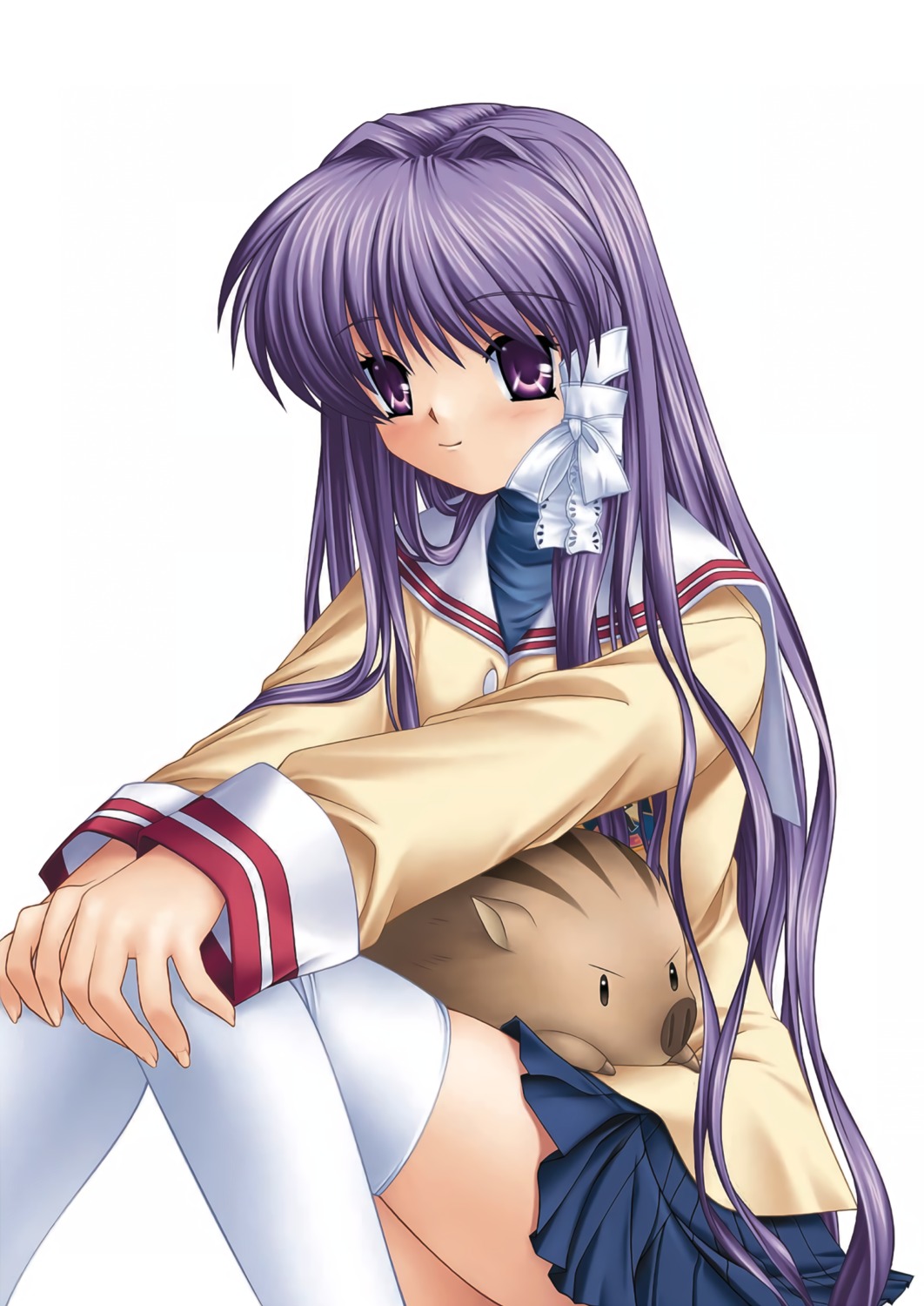 botan_(clannad) clannad fujibayashi_kyou hinoue_itaru key seifuku skirt_lift sweater thighhighs