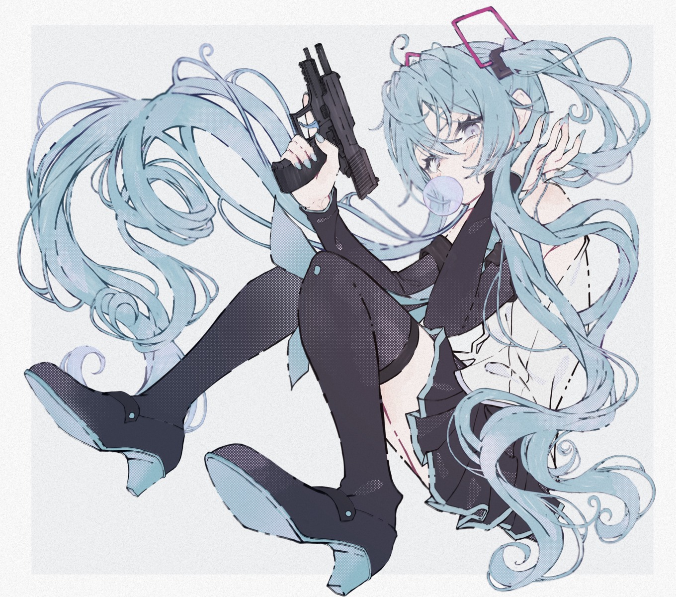 amino_(li0a4) gun hatsune_miku heels skirt_lift thighhighs vocaloid