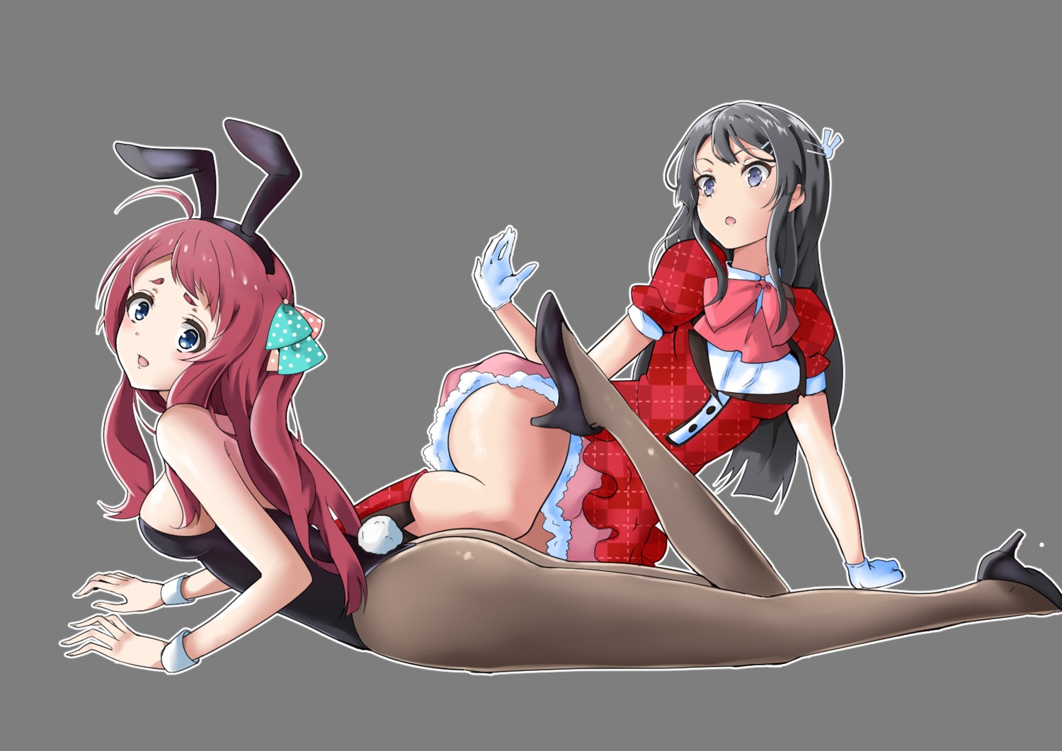 animal_ears ass bunny_ears bunny_girl cosplay crossover heels minamoto_sakura oryouohagi pantyhose sakurajima_mai seishun_buta_yarou_series tail transparent_png zombieland_saga